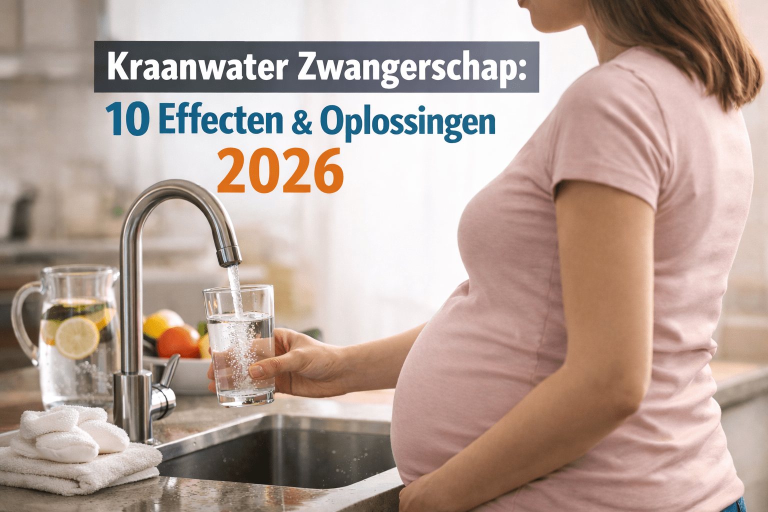 Zwangere vrouw drinkt veilig kraanwater uit waterfilterkraan