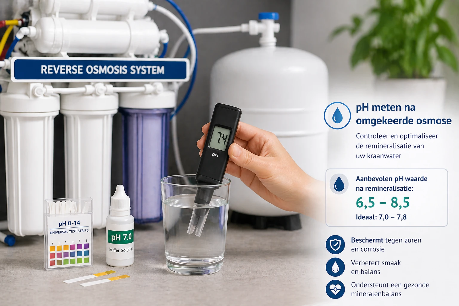 pH meten na omgekeerde osmose waterfilter met digitale meter — controle remineralisatie en waterkwaliteit