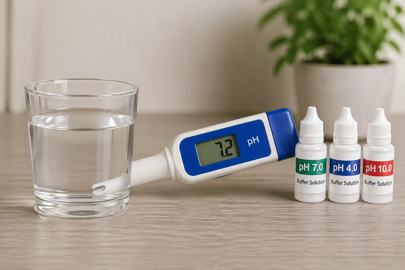 pH waarde drinkwater meten met digitale pH-meter en teststrookjes naast een glas kraanwater