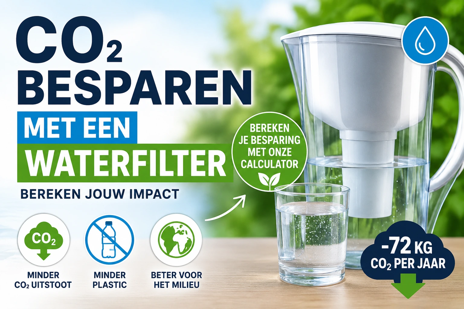 Vergelijking van CO₂-uitstoot: stapel PET-flessen naast een kraanwaterfilter met groene natuur op de achtergrond