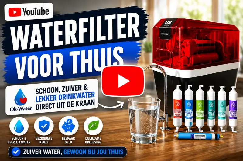Waterfilter voor thuis video thumbnail met OK-Water filtersysteem en glas drinkwater uit de kraan