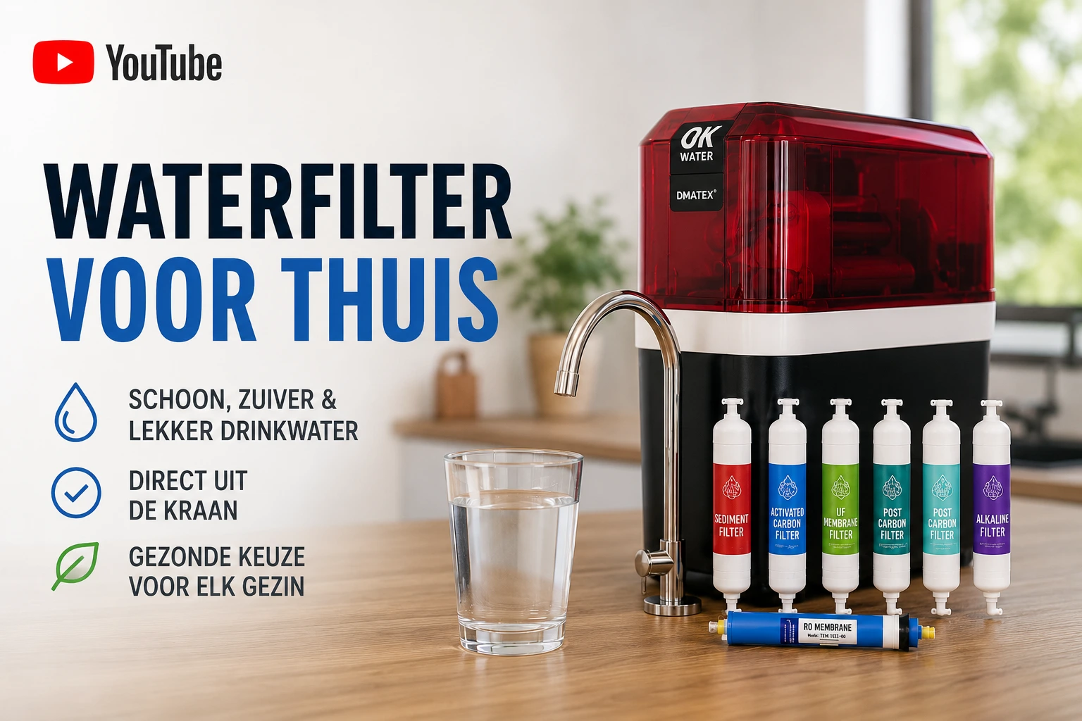 Waterfilter voor thuis met modern drinkwater filtersysteem en schoon gefilterd kraanwater